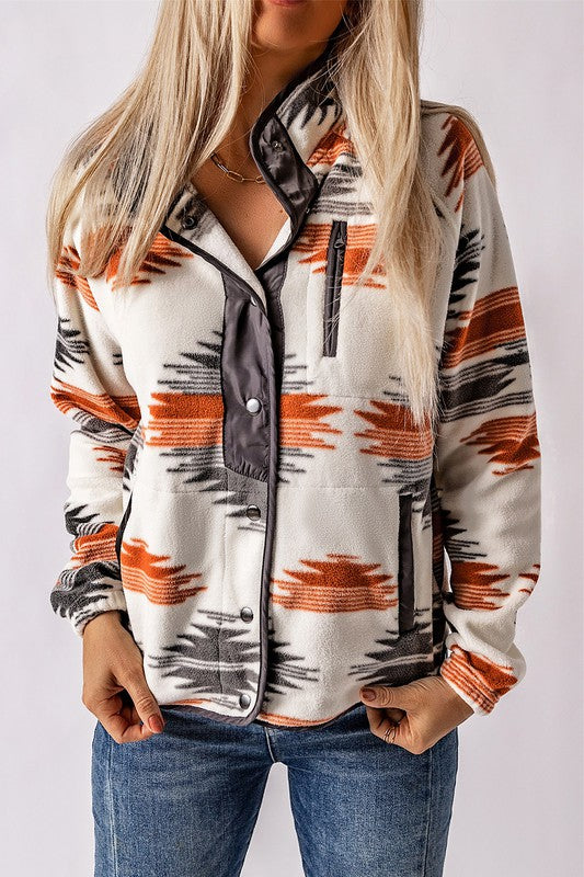 Women Western Aztec Snap Buttoned Fleece Jacket | Zarnesh