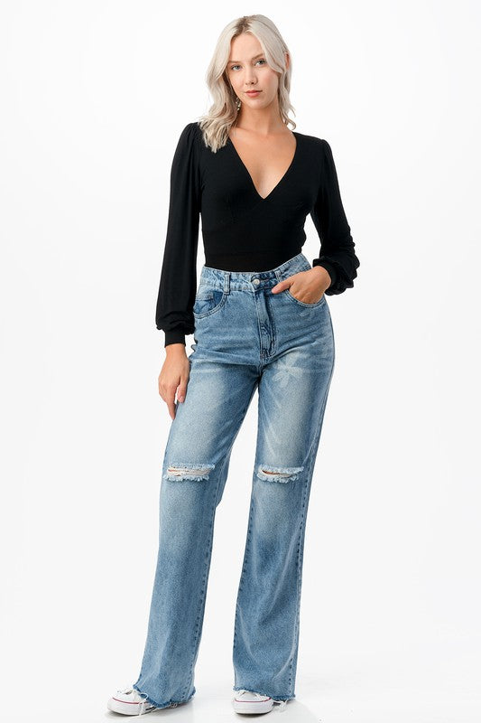 Women Signature Double V Neck Balloon Sleeve Tie Back Bodysuit Zarnesh