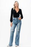 Women Signature Double V Neck Balloon Sleeve Tie Back Bodysuit Zarnesh