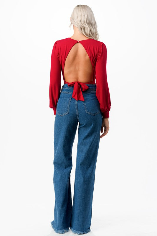 Women Signature Double V Neck Balloon Sleeve Tie Back Bodysuit Zarnesh