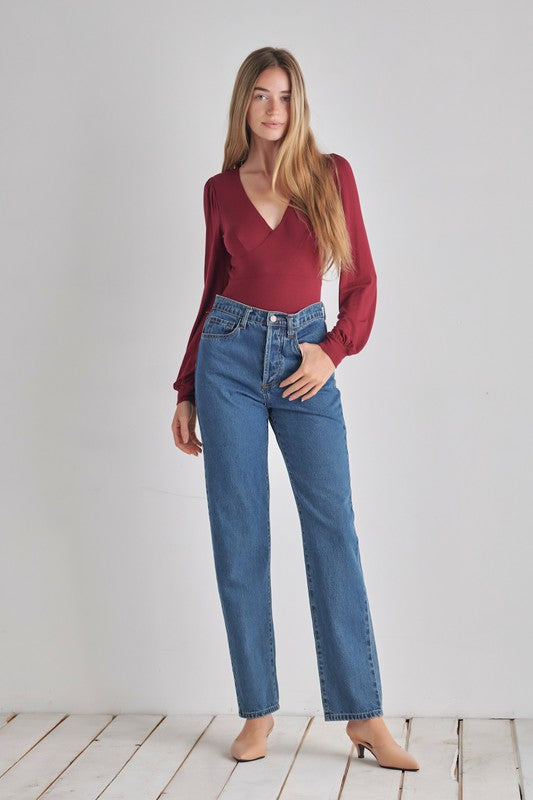 Women Signature Double V Neck Balloon Sleeve Tie Back Bodysuit Zarnesh