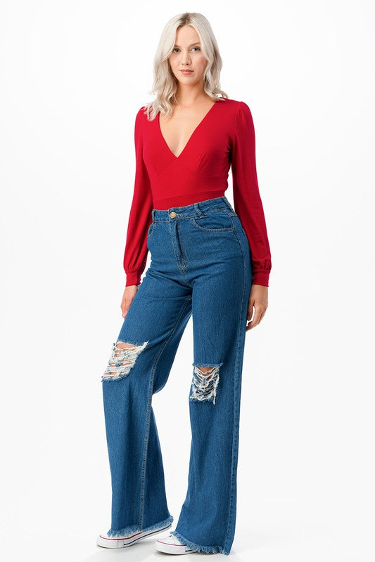 Women Signature Double V Neck Balloon Sleeve Tie Back Bodysuit Zarnesh