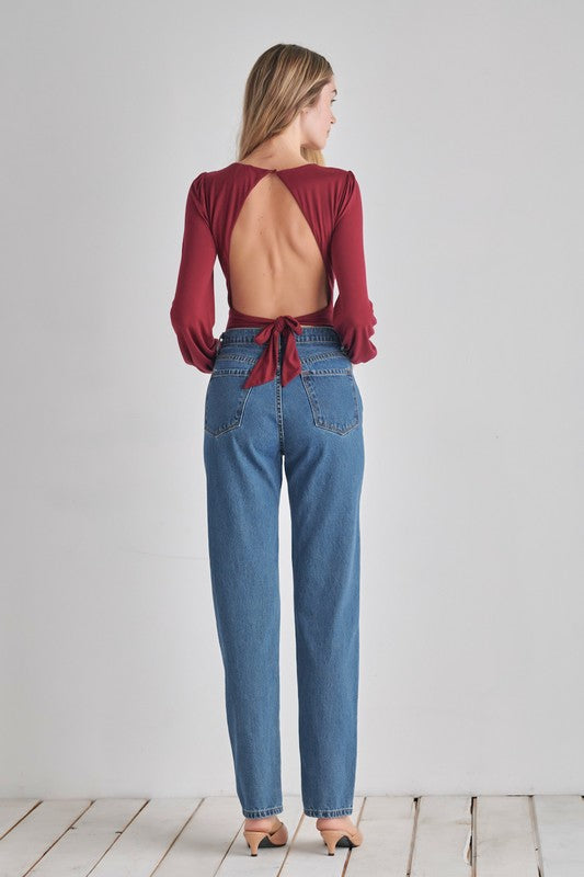 Women Thong Bottom Balloon Sleeve Adjustable Tie Back Bodysuit Zarnesh