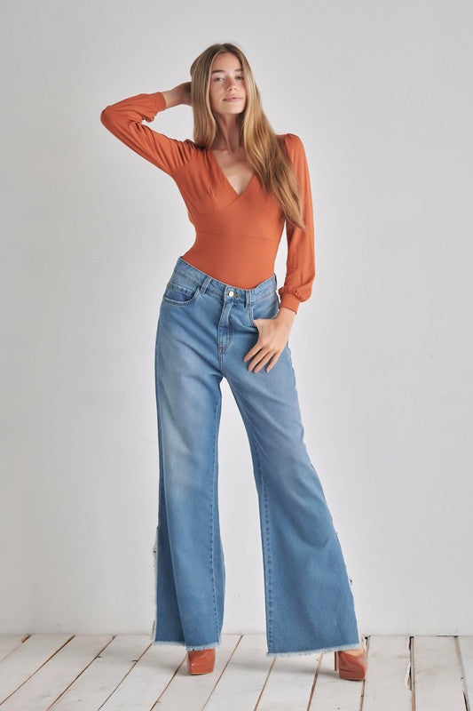 Women Signature Double V Neck Balloon Sleeve Tie Back Bodysuit Zarnesh