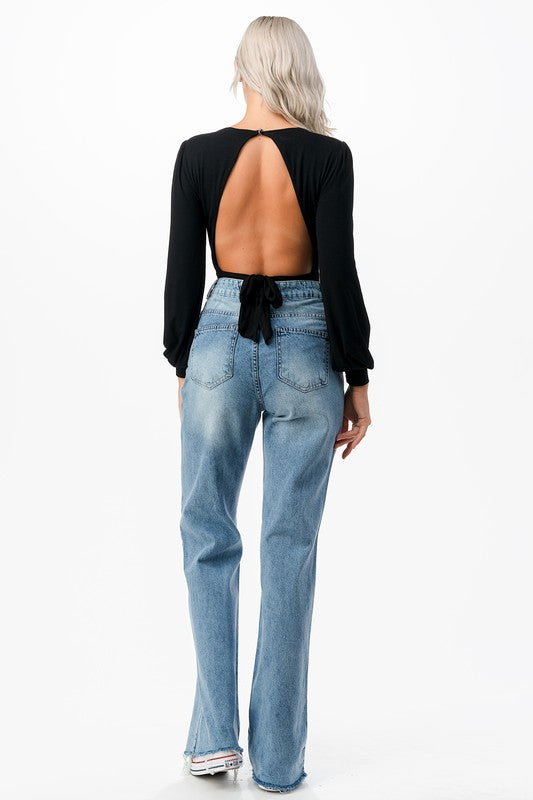 Women Signature Double V Neck Balloon Sleeve Tie Back Bodysuit Zarnesh