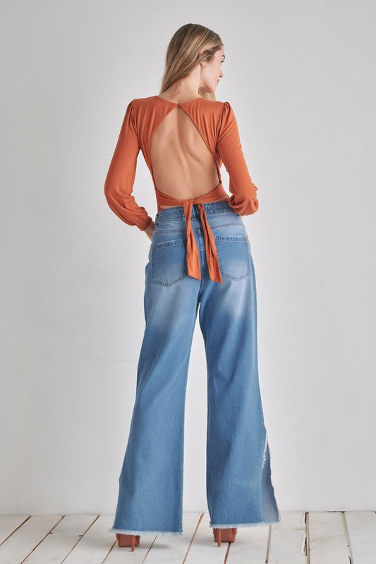 Women Thong Bottom Balloon Sleeve Adjustable Tie Back Bodysuit Zarnesh