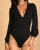 Women Romantic Thong Bottom Balloon Sleeve Tie Back Bodysuit Zarnesh