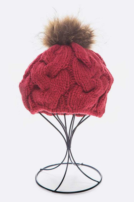 Women’s Large Fur Pom Cable Knit Beret Beanie | Zarnesh