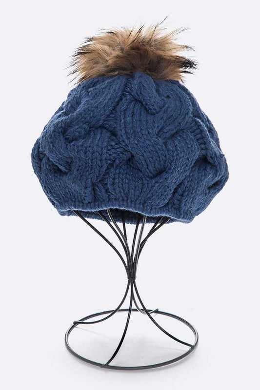 Women’s Large Fur Pom Cable Knit Beret Beanie | Zarnesh