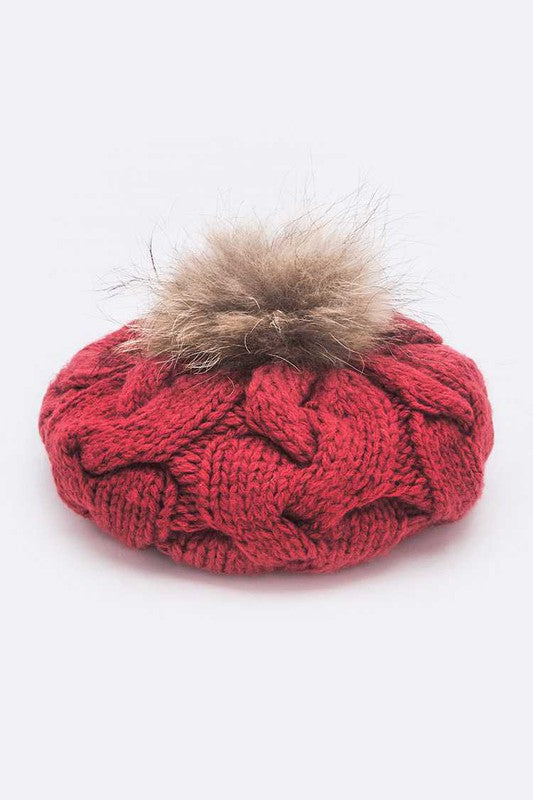 Women’s Large Fur Pom Cable Knit Beret Beanie | Zarnesh