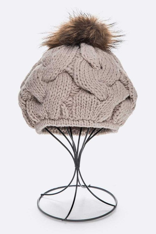 Women’s Large Fur Pom Cable Knit Beret Beanie | Zarnesh