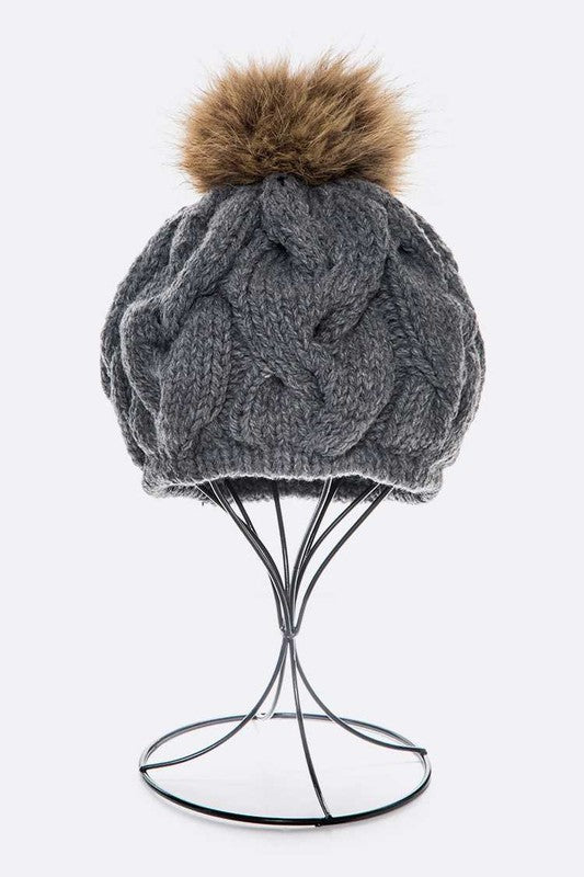 Women’s Cotton Cable Knit Large Fur Pom Beanie | Zarnesh