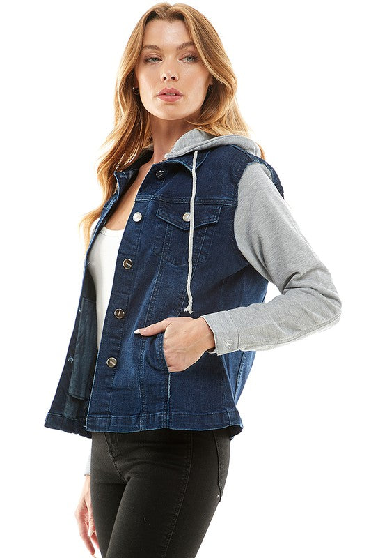 Women Spandex Ladies Denim Jacket with Fleece Hoodie | Zarnesh