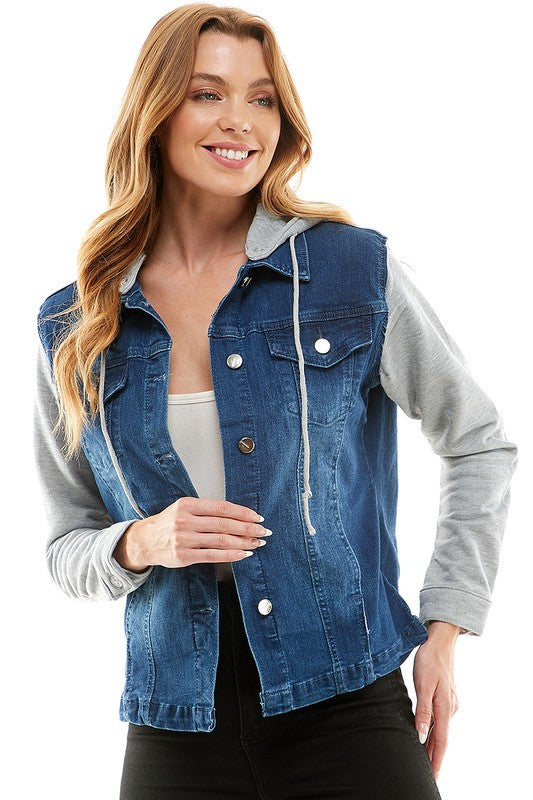 Women Spandex Ladies Denim Jacket with Fleece Hoodie | Zarnesh