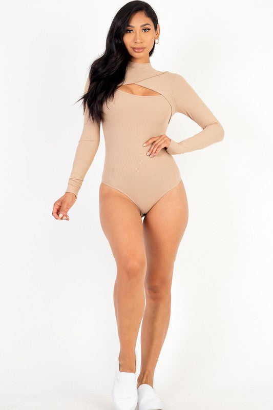Women Buttery Soft Rib Knit Front Cutout Long Sleeve Bodysuit Zarnesh 