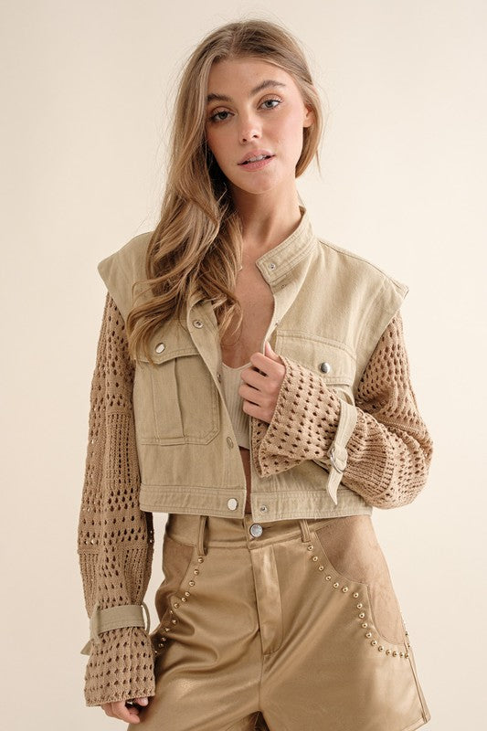 Women Twill Crop Crochet Sleeve Jacket | Zarnesh