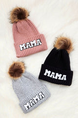 Women Chenille Mama Patch Faux Fur Pom Beanie Cap | Zarnesh