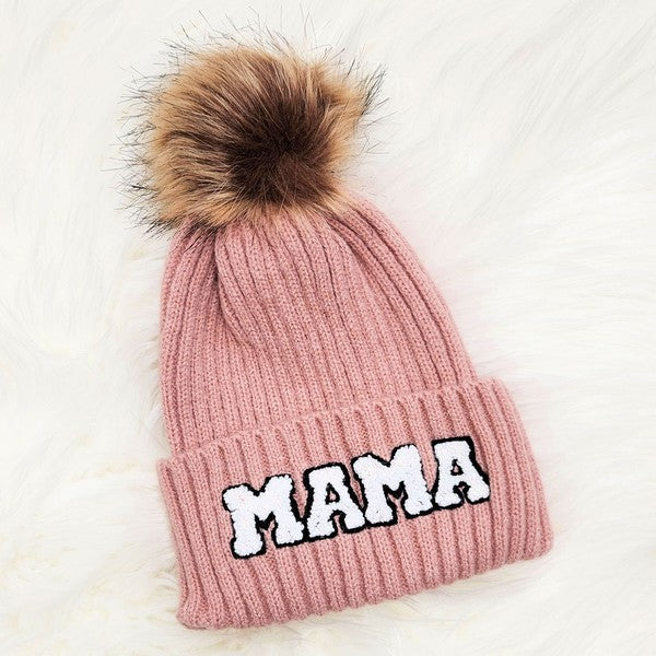 Women Chenille Mama Patch Faux Fur Pom Beanie Cap | Zarnesh