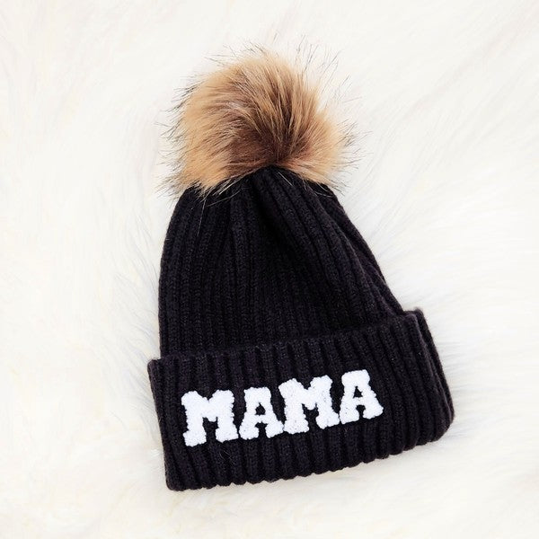 Women Chenille Mama Patch Faux Fur Pom Beanie Cap | Zarnesh