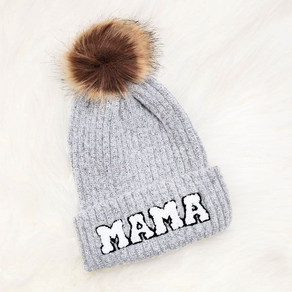 Women Chenille Mama Patch Faux Fur Pom Beanie Cap | Zarnesh