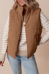 Women Coffee Corduroy Stand Neck Zipped Puffer Vest | Zarnesh