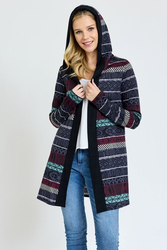 Women Plus Long Tribal Print Hooded Cardigan | Zarnesh