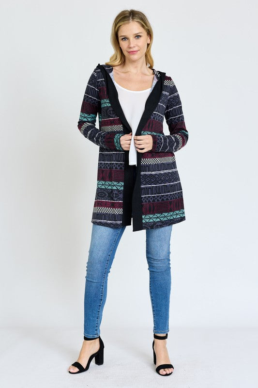 Women Plus Long Tribal Print Hooded Cardigan | Zarnesh