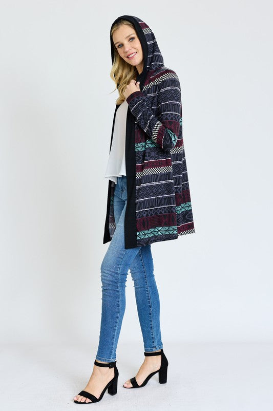 Women Plus Long Tribal Print Hooded Cardigan | Zarnesh