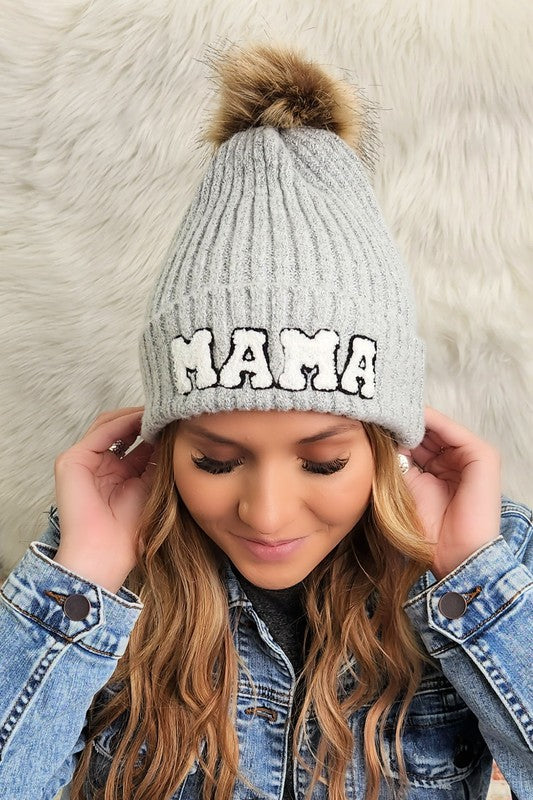 Women Chenille Mama Patch Faux Fur Pom Beanie Cap | Zarnesh