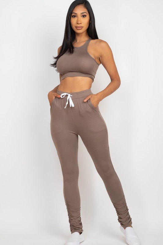 Women Breathable Stretchy Crop Top Ruched Drawstring Pants Set Zarnesh