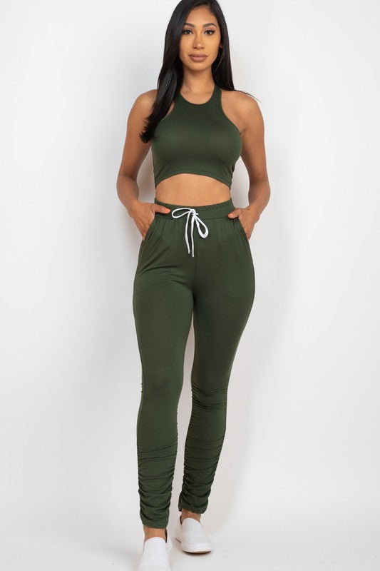 Women Breathable Stretchy Crop Top Ruched Drawstring Pants Set Zarnesh