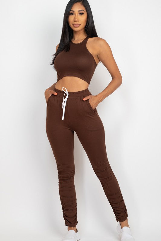 Women Breathable Stretchy Crop Top Ruched Drawstring Pants Set Zarnesh