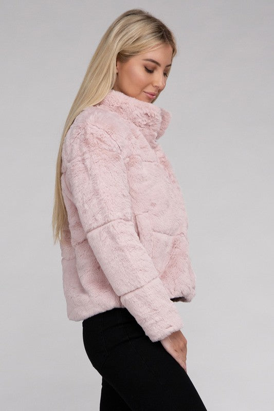 Women Fluffy Zip-Up Functional Pockets Sweater Jacket | Zarnesh