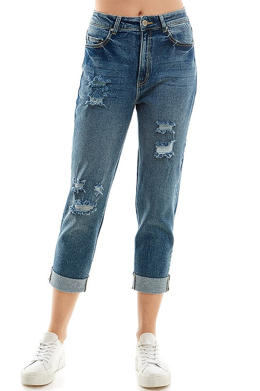 Women Rool Up Distressed High Rise Stretch Mom Jeans | Zarnesh