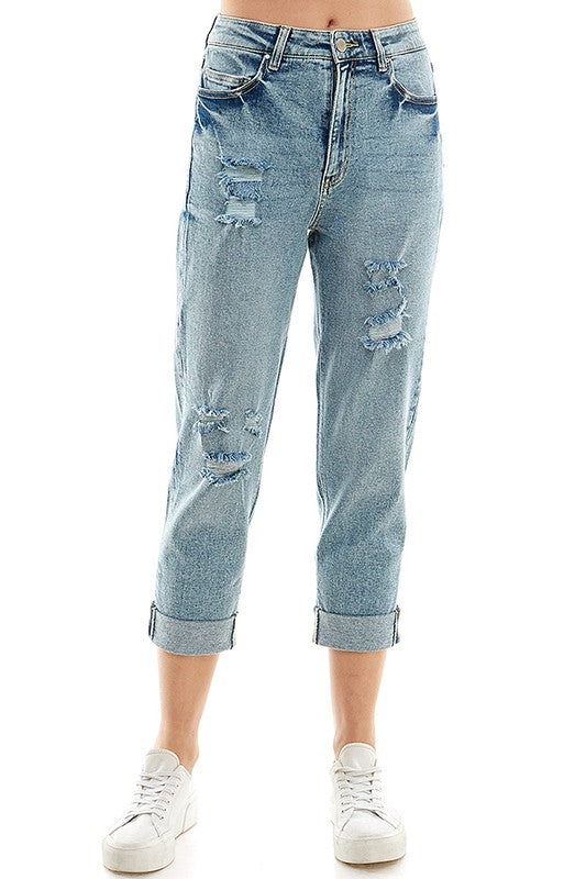 Women Rool Up Distressed High Rise Stretch Mom Jeans | Zarnesh