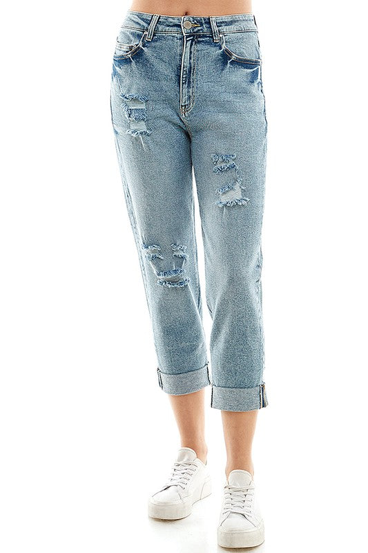 Women Rool Up Distressed High Rise Stretch Mom Jeans | Zarnesh