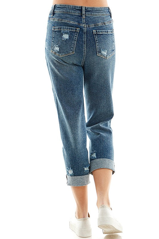 Women Rool Up Distressed High Rise Stretch Mom Jeans | Zarnesh