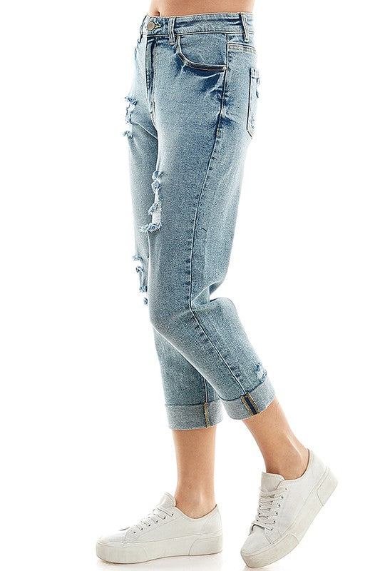 Women Rool Up Distressed High Rise Stretch Mom Jeans | Zarnesh