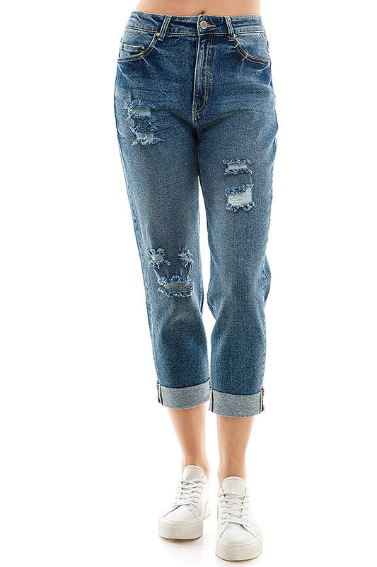 Women Rool Up Distressed High Rise Stretch Mom Jeans | Zarnesh