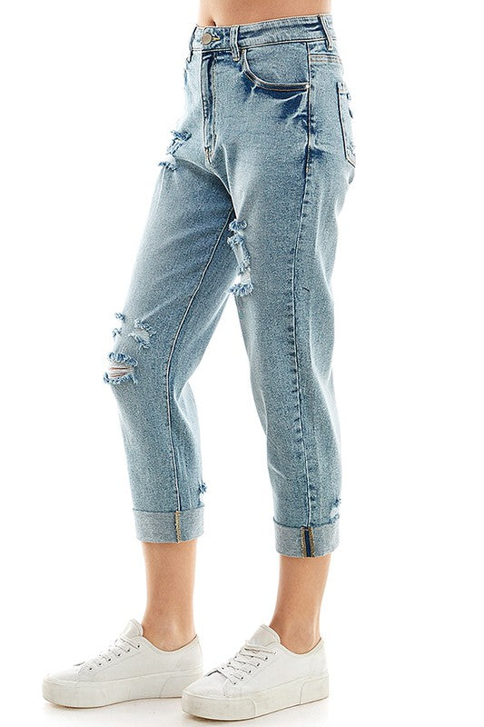 Women Rool Up Distressed High Rise Stretch Mom Jeans | Zarnesh