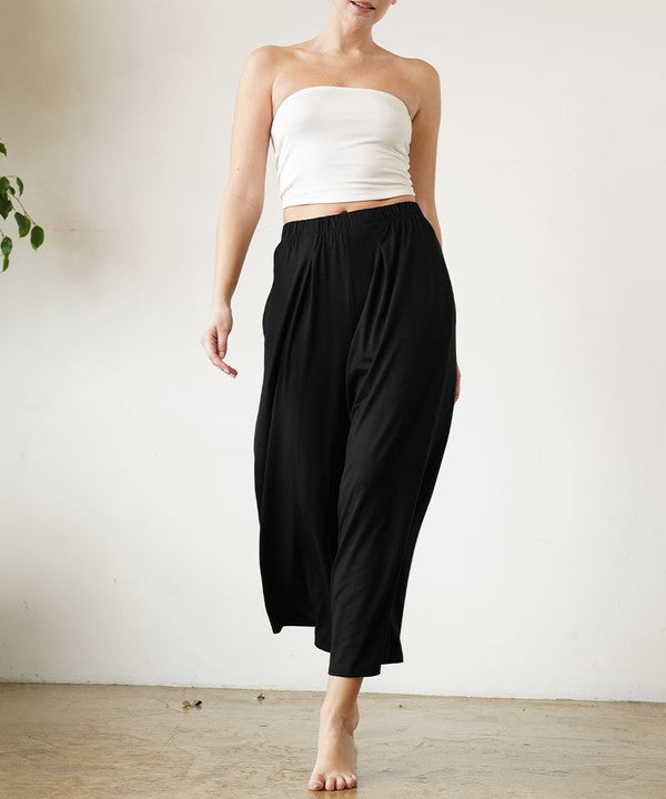 Women Bamboo Elastic Waist Pleat Ankle Length Wide Pants Zarnesh