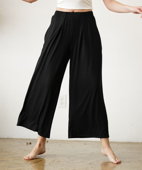 Women Bamboo Elastic Waist Pleat Ankle Length Wide Pants Zarnesh