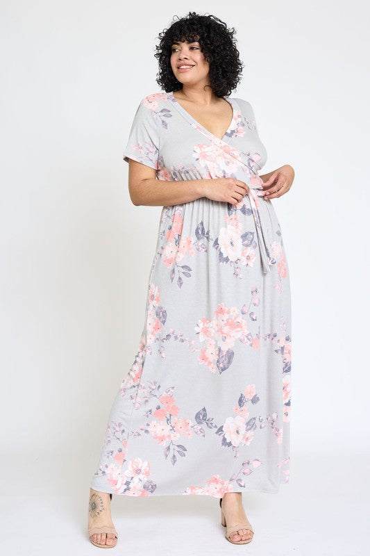 Women's Plus Floral Surplice Bodice Sash Maxi Dress | Zarnesh