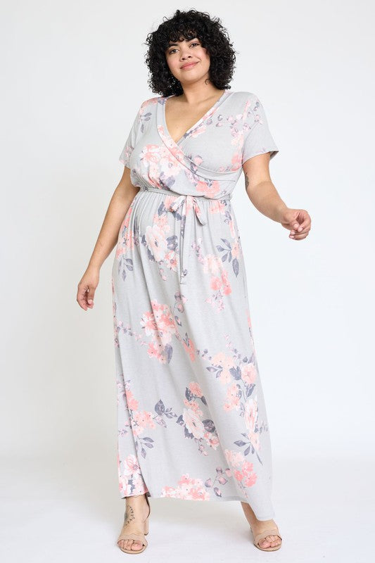 Women's Plus Floral Surplice Bodice Sash Maxi Dress | Zarnesh