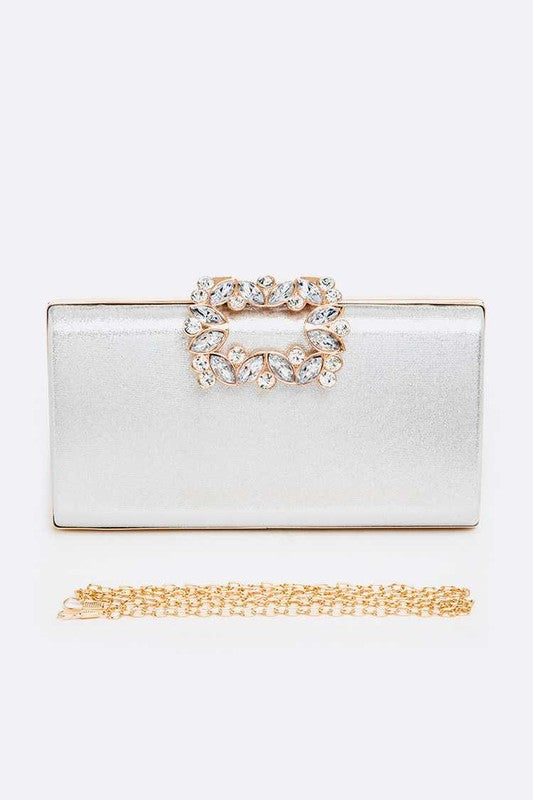 Women Crystal Buckle Metallic Box Clutch Zarnesh