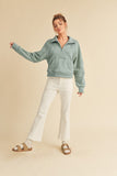 Women Dove Funnel Neck Ribbed Cuffs Kangaroo Pocket Half Zip Zarnesh