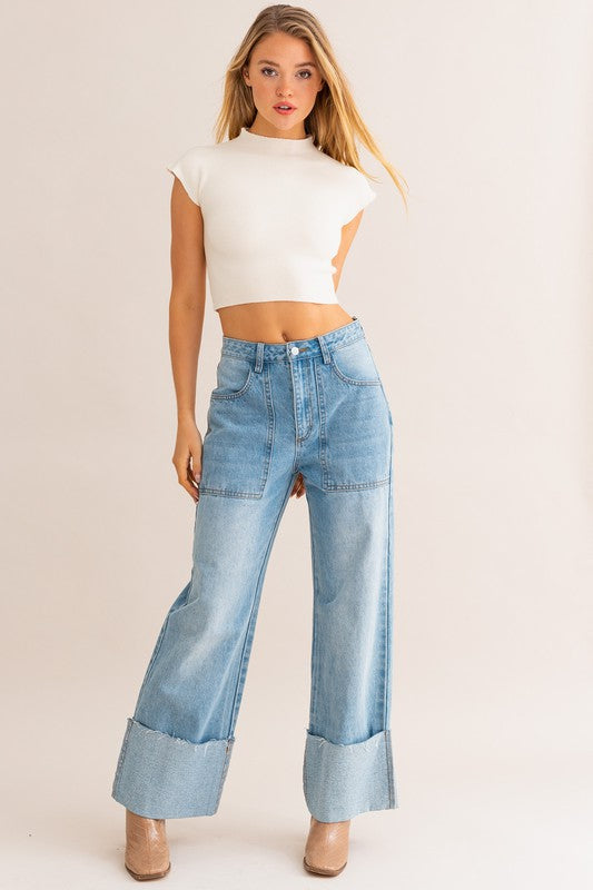  Elevate Your Style with High-Waisted Wide Leg Cuffed Jeans | Zarnesh