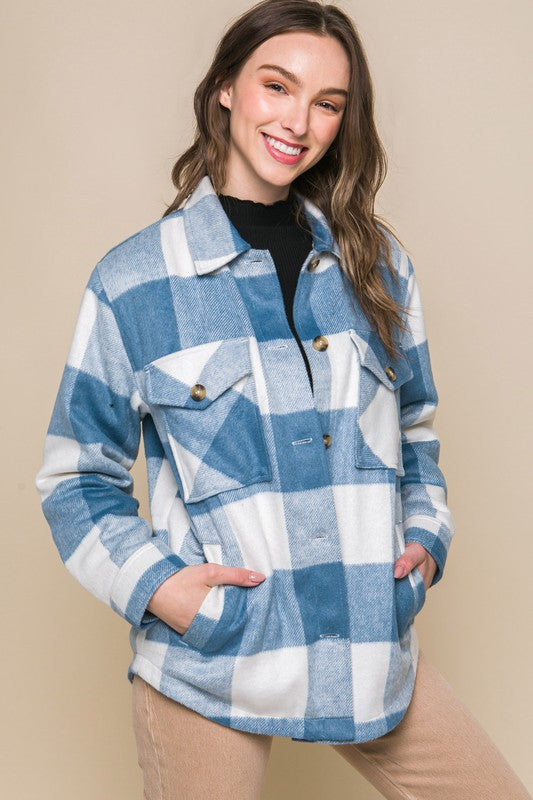 Women Plaid Button Down Jacket with Front Pocket Detail | Zarnesh