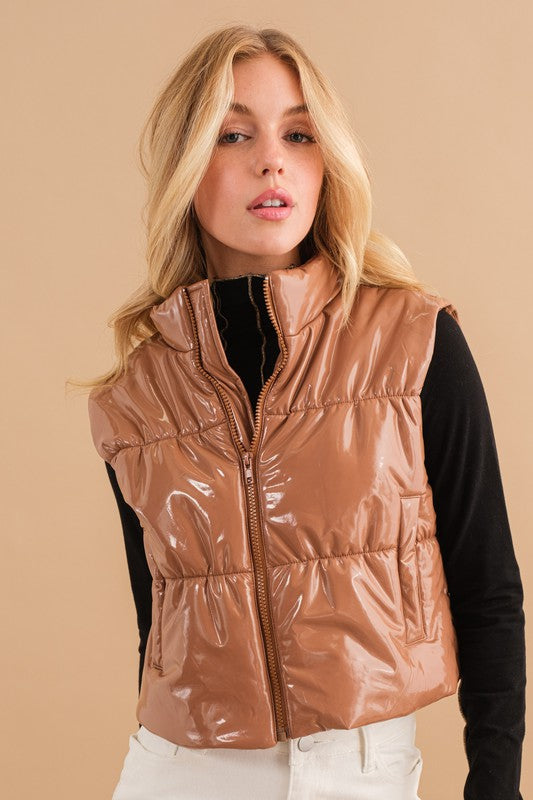 Women Gloss Shiny PU Quilted Puffer Zip-Up Crop | Zarnesh