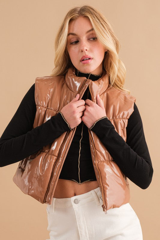 Women Gloss Shiny PU Quilted Puffer Zip-Up Crop | Zarnesh